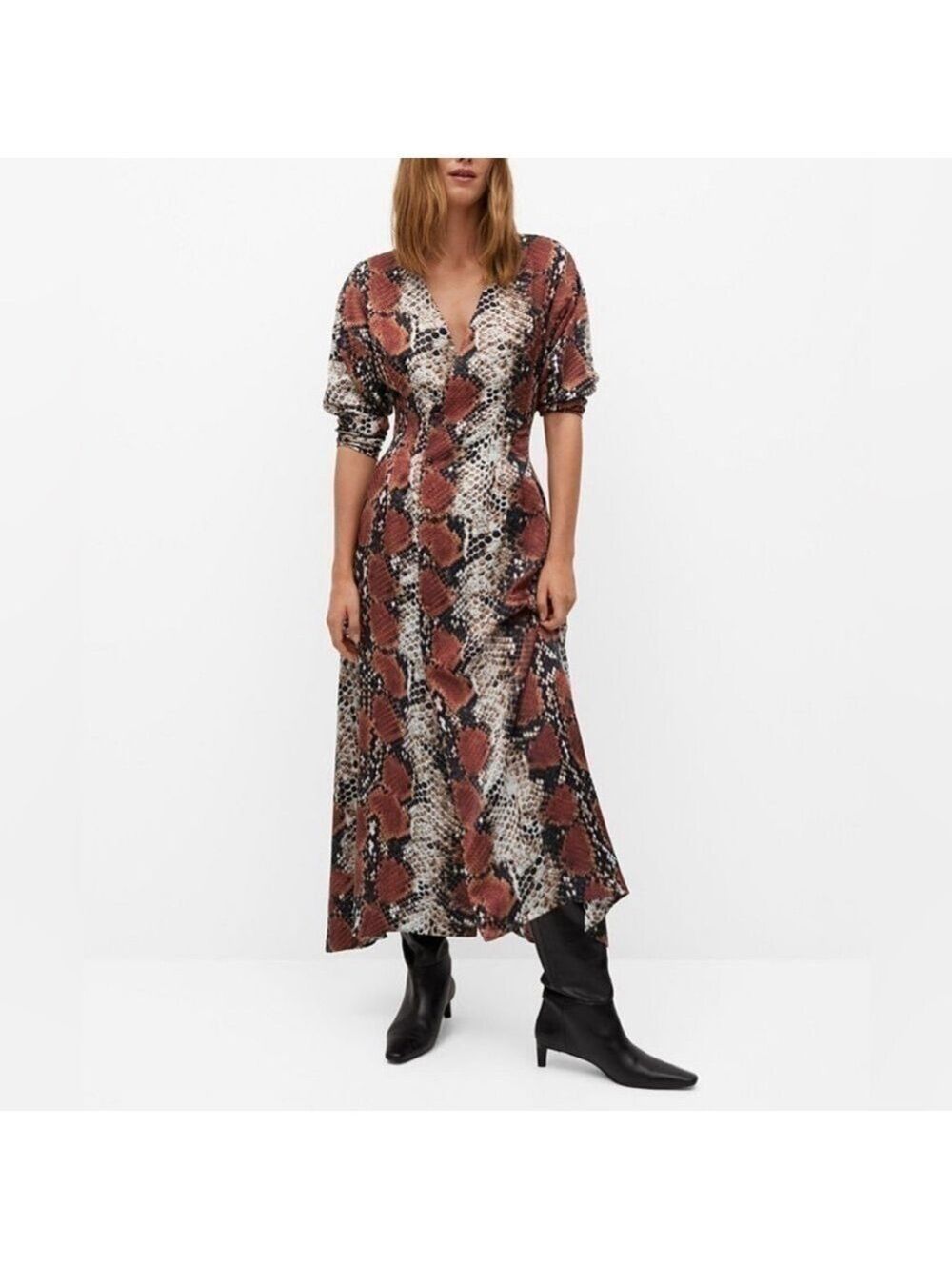 Womens Mango Snake Print Long Sleeve Asymmetrical V-neck Dress. Size 2